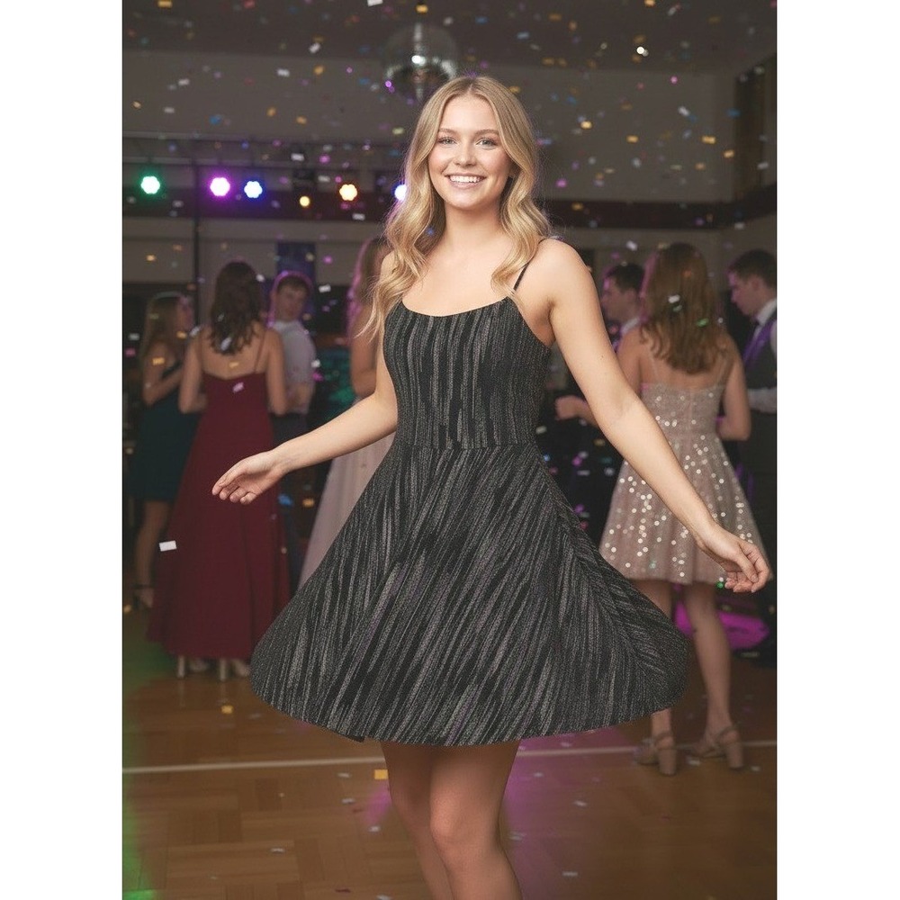 City Studio Black Velvet Glitter Stripe Dress Juniors 3/4 Homecoming Prom Party